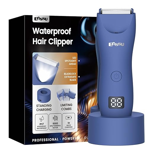ENSSU Aparador de pelos corporais masculino – Aparador Meridiano à prova d'água com luz LED, motor rápido de 6000 RPM, 5 configurações de comprimento, IPX7 para púbico, peito e bolas (Azul)