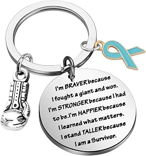 UJIMS Ovarian Cancer Gift PTSD Awareness Keychain with Teal Ribbon Charm I Stand Taller Because I Am A SurvivorJewelry