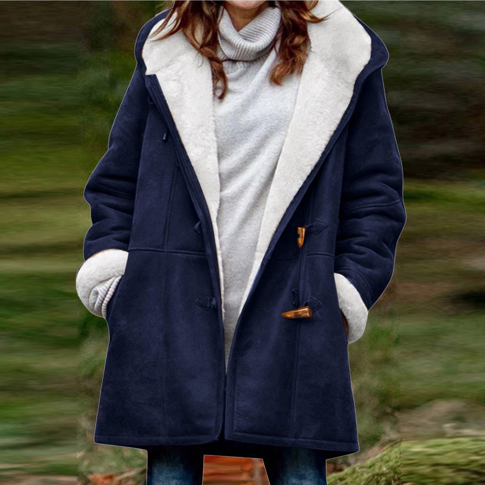 Saymany Fleecejacke Damen Lang Sweatjacke Winter Warm Hoodie Jacke Lose Winterjacke Lammfell Fleece Kapuzenjacke Langarm Mantel Outwear Mit Taschen Einfarbig Outdoor Croissant Schnalle Wintermantel