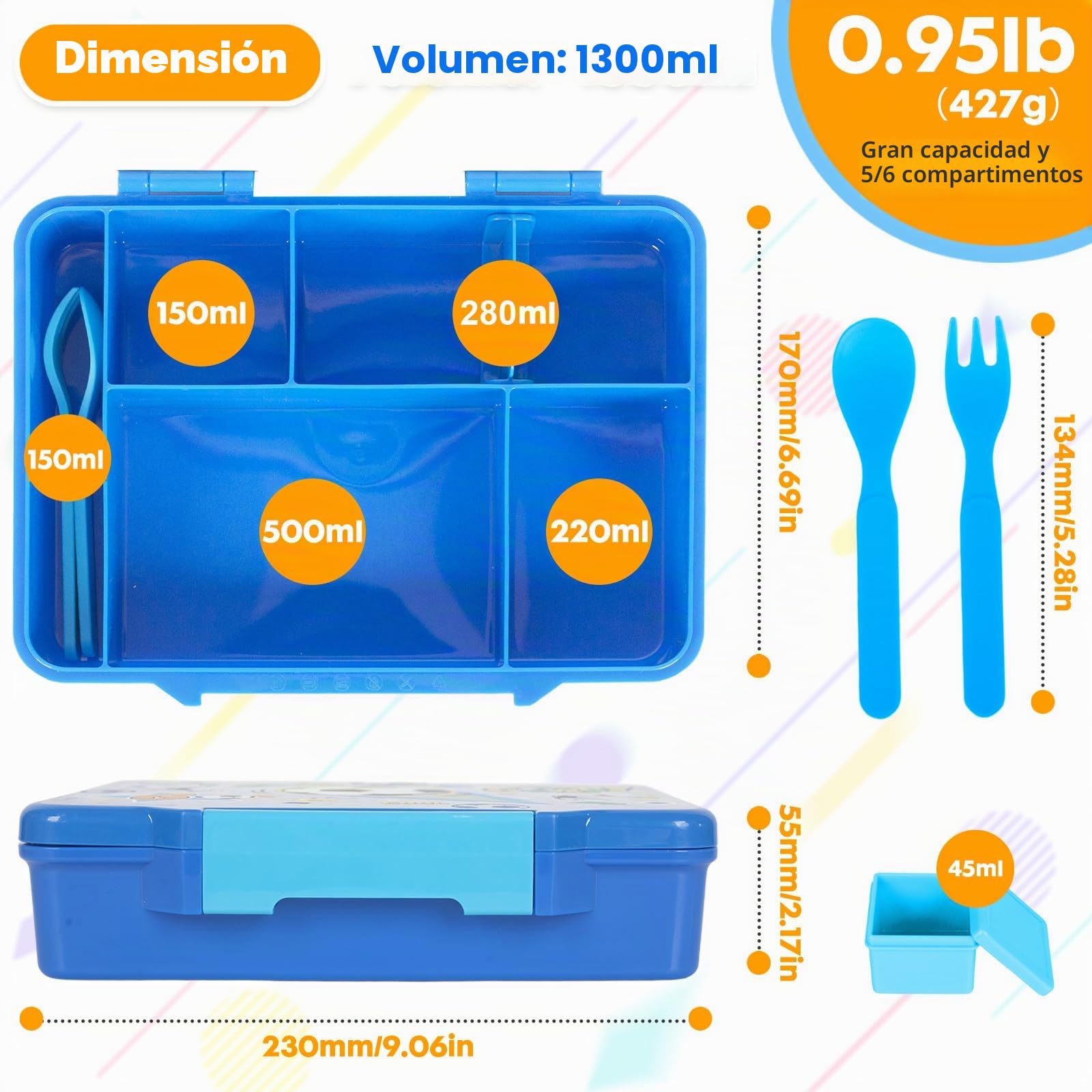 PinkSheep Fiambrera para niños de 1330 ml, contenedores de comida para niños sin BPA, a prueba de fugas con 5 compartimentos, volver a los escolares Daycare Fiambreras/Snack Contenedor (fútbol)