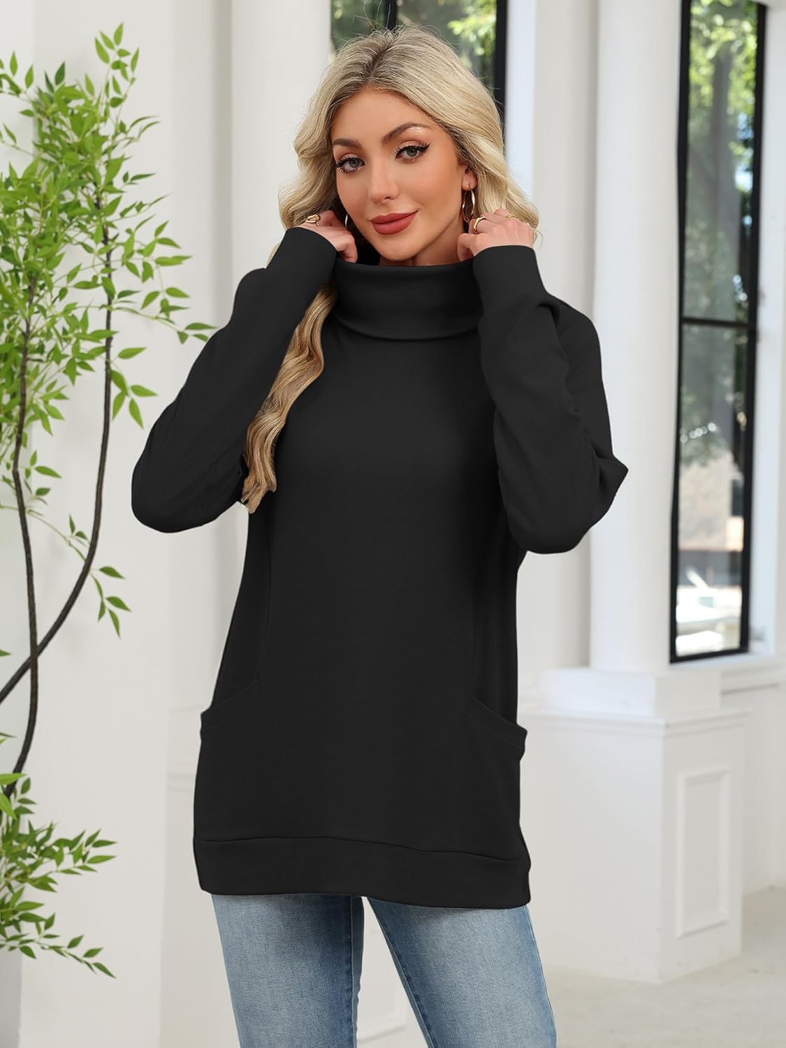 TAKEYAL Turtle Necks Tops for Women Long Sleeve Tunic Shirts Fall Winter Trendy Pullover Sweaters with Pockets - Image 4