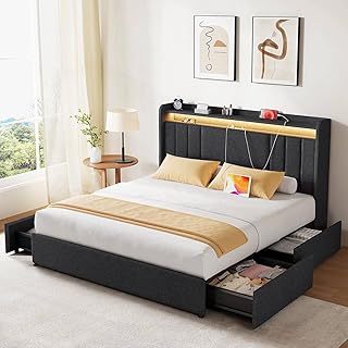 Koorlian Queen Size Upholstered Bed Frame with 2-tier Storage Headboard ...