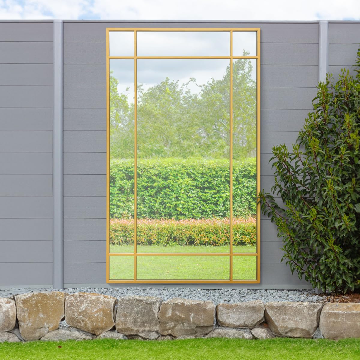 MirrorOutlet The Genestra - Gold Modern Contemporary Leaner and Wall Garden Mirror 71" X 43" (180CM X 110CM) Silver Mirror Glass with Black Metal Frame. Landscape or Portrait. Frost Protected Glass…