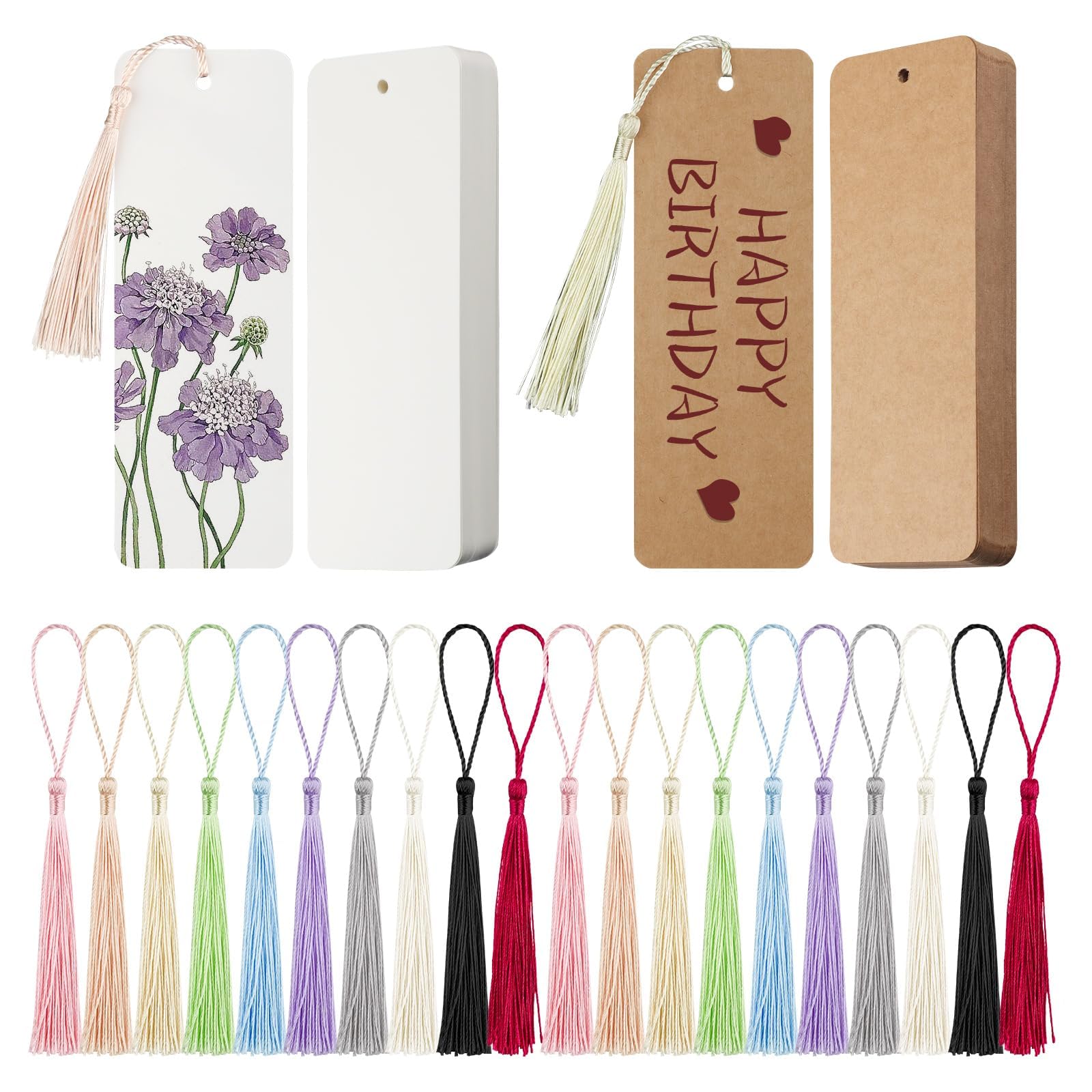 Ktxaby 120Pcs Blank Cardstock Bookmarks with 100 Pcs Colorful Tassels,Kraft Paper and White Cardstock Bookmarks for DIY Art Projects, School Supply, Gifts Tags 5 x14 cm(2 Style)