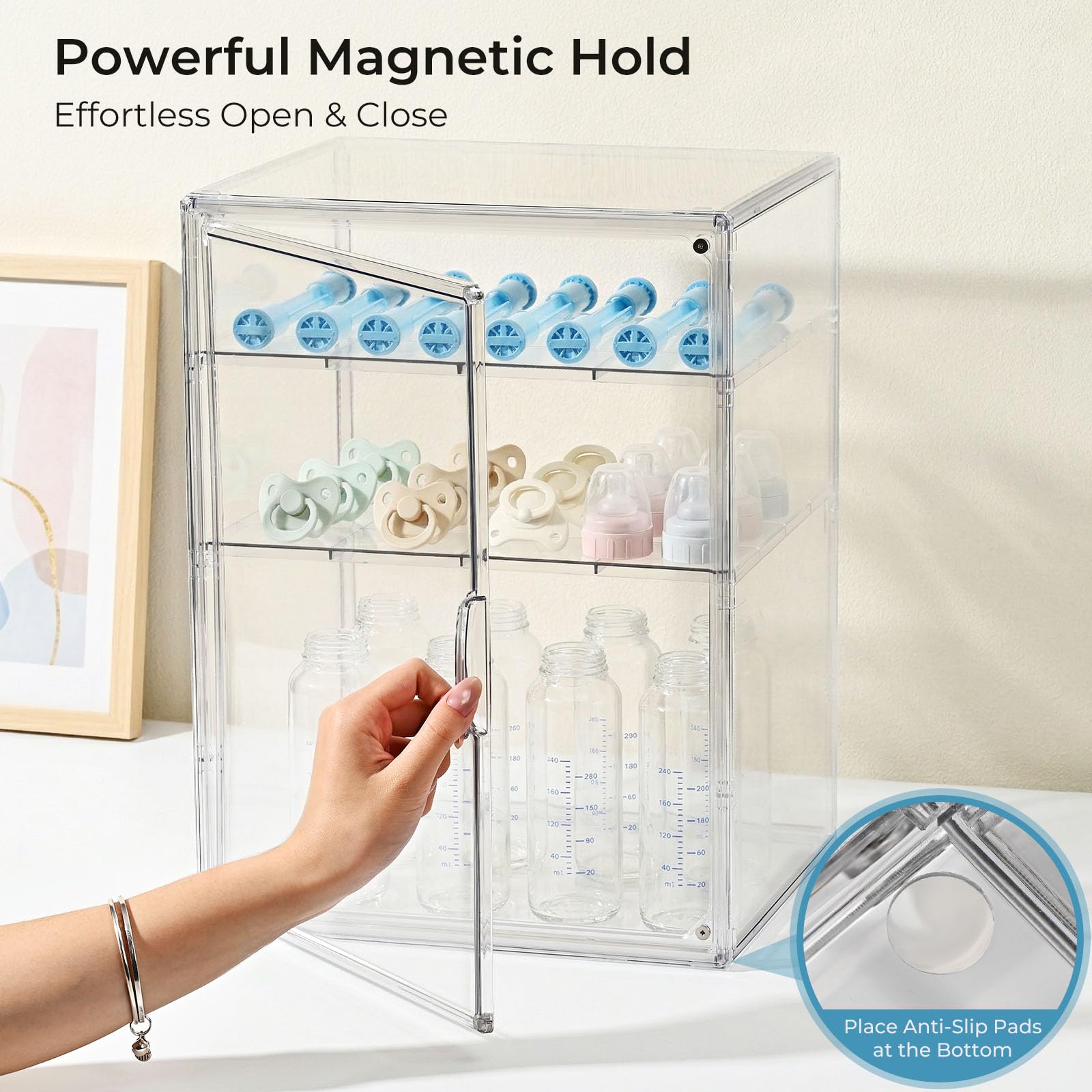 Organiseur de biberons – Support mural adhésif à 3 niveaux réglables en acrylique avec porte magnétique – Pour comptoir, armoire, cuisine et coiffeuse, cadeaux pour nouvelle maman