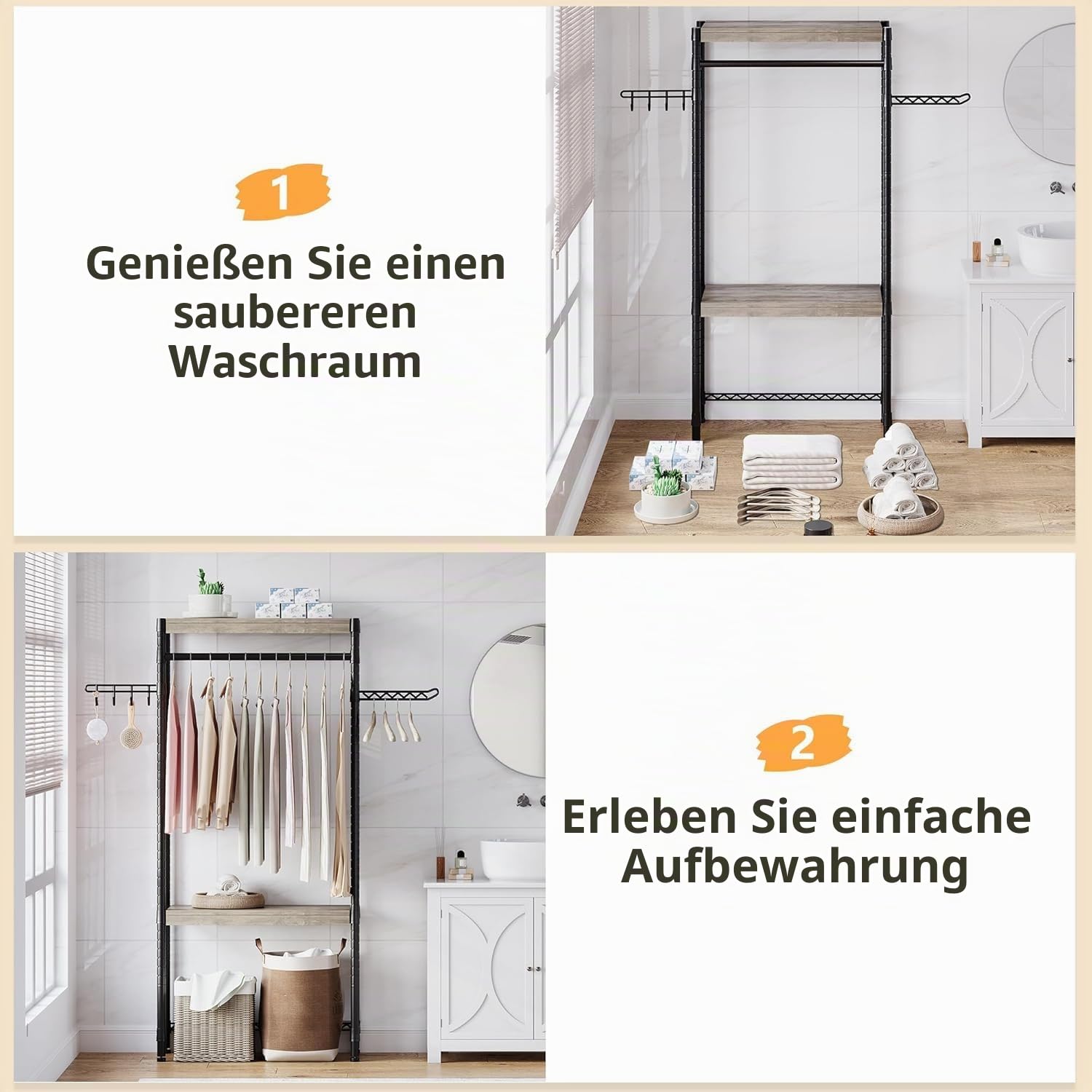 Litake Waschmaschinenregal ohne Bohren, Toilettenregal mit Ablage Aufhängestange Und Haken Badezimmerregal Garderobenständer Platzsparender W79 x D30x H188cm Metall Schwarz+ Grau
