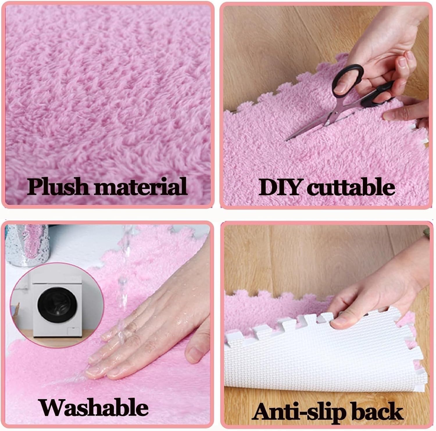 48pcs 12x12 in Plush Interlocking Foam Carpet Tiles, Puzzle Floor Mats for Parlor Bedroom Decoration, Soft Fluffy Area Rugs(White+Pink+Blue)