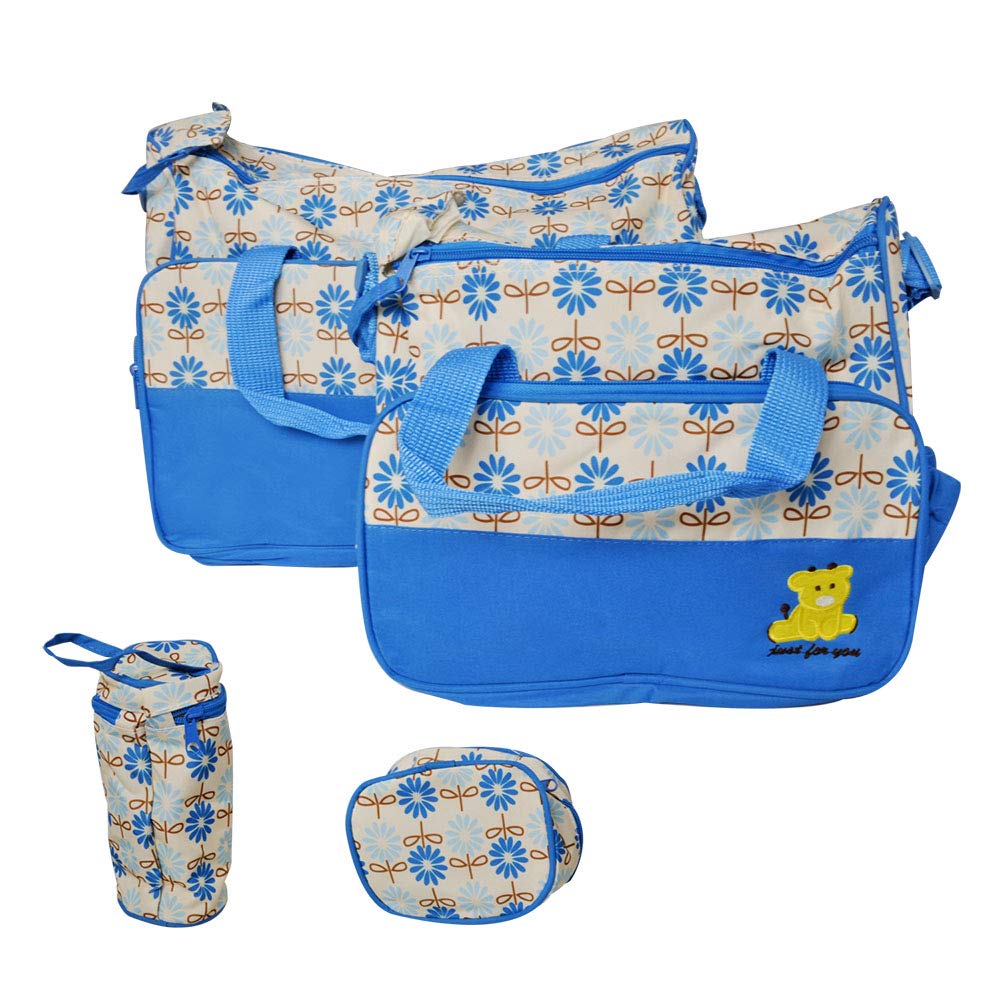 EZ Life Baby Diaper Bag Kit - Flowers (Set of 5) - 1 Diaper Bag, 1 Carry Bag, 1 Small Pouch, 1 Bottle Cover & 1 Diaper Changing Mat - Waterproof - Nylon - Blue-image-49