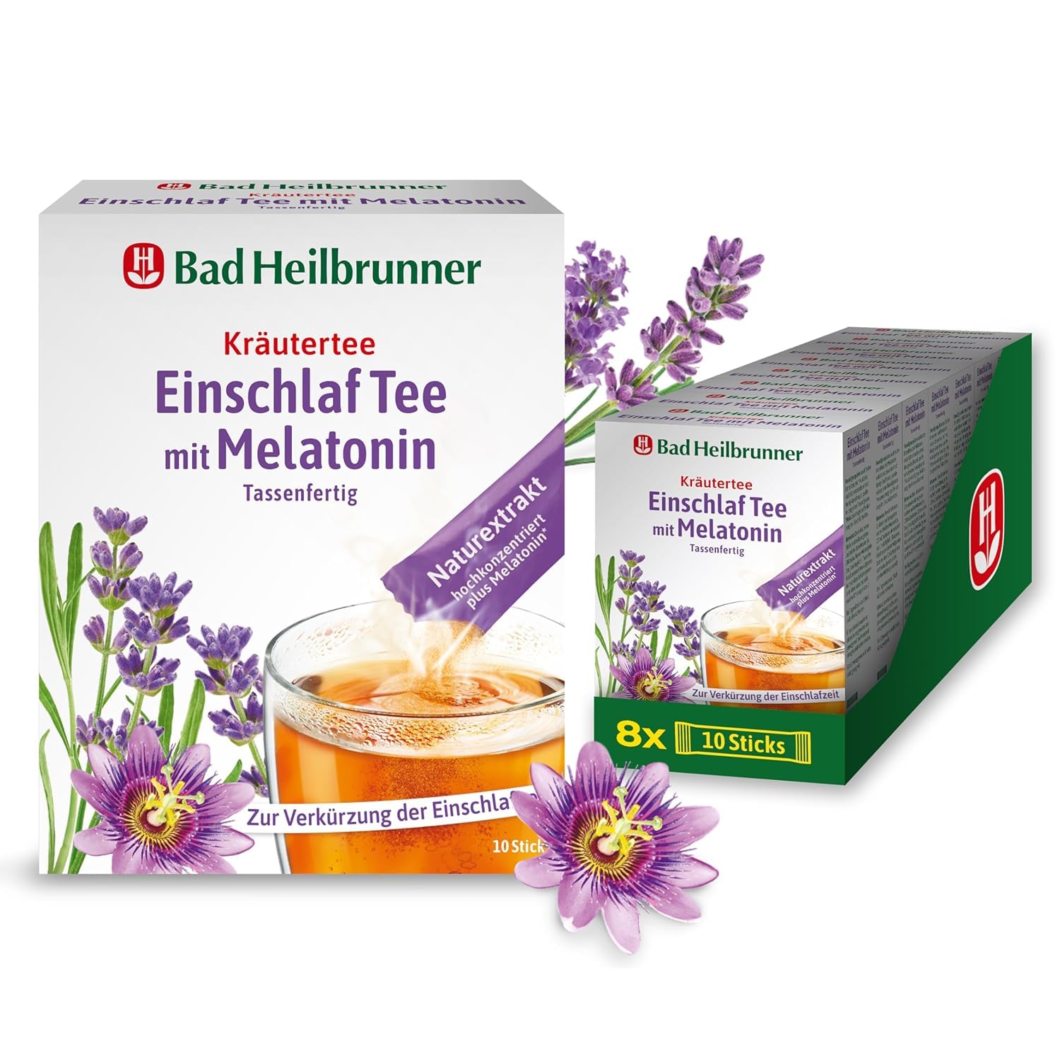 Bad Heilbrunner Einschlaf Tee mit Melatonin - im Stick, Tassenfertig - mit Melatonin, Lavendelblüten & Passionsblume - Endlich gut einschlafen - Ideal bei Reisen - gute Nacht Tee (8 x 10 Sticks)