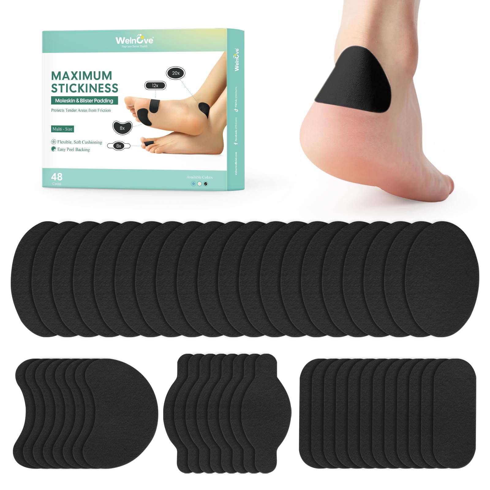 Welnove Moleskin for Blisters &amp; Moleskin for Feet: Adhesive Foot Pads, Heel Patches, Skin Tape Stickers (48 Sheets, 4 Shapes, Black)