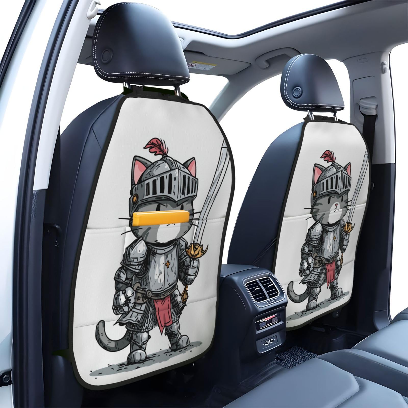 Funny Cartoon Cat With Sword Car Seat Back Kick Protectors,2 Pack Kick Mats With Storage Pockets For Vehicles To Protect From Dirt Mud Scratches