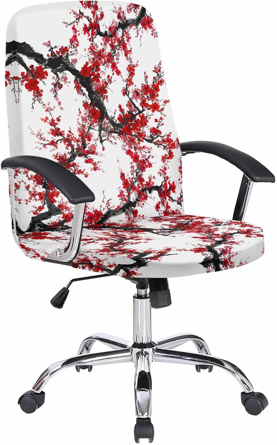 Red Plum Office Chair Covers with Armrest Covers, Rotating Chair Cover, Nature Flowers Branches Chinese Painting Armchair Slipcovers Decorative Backrest Seat Protectors, Large