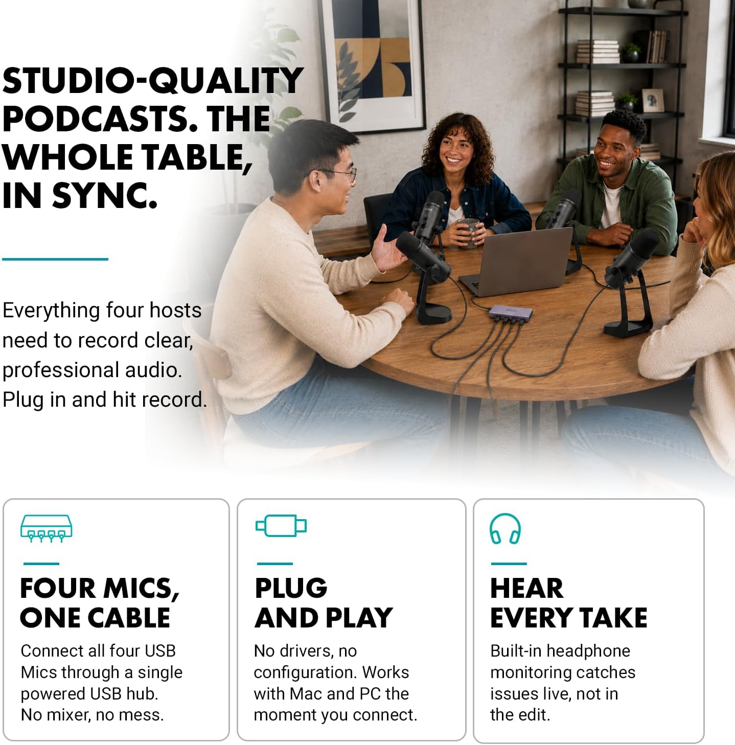 Movo 4-Person USB Podcast Equipment Bundle – 4 Condenser Mics, Hub & Case | Built-in Headphone Monitoring. Plug-and-play with Zoom, OBS & Audacity on Mac/Windows. Ideal for interviews & streaming.