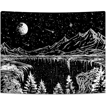 Simpkeely Black and White Tapestry Starry Night Wall Hanging Mountain Moon Stars Tapestry for Bedroom Living Room - 130 cm x 150 cm