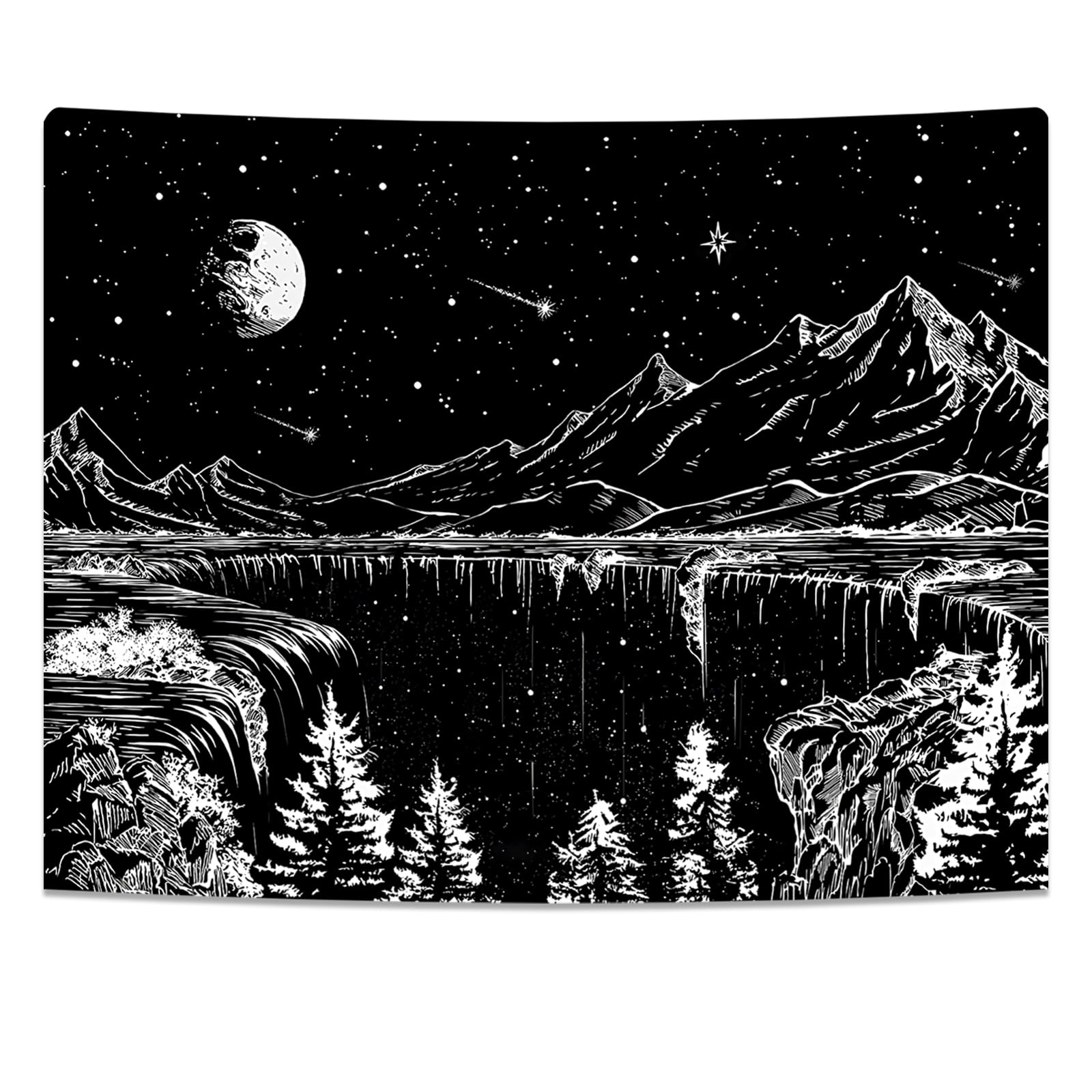 Simpkeely Black and White Tapestry Starry Night Tapestry Mountain Moon Stars Wall Hanging Tapestries for Bedroom Living Room - 130cm x 150cm