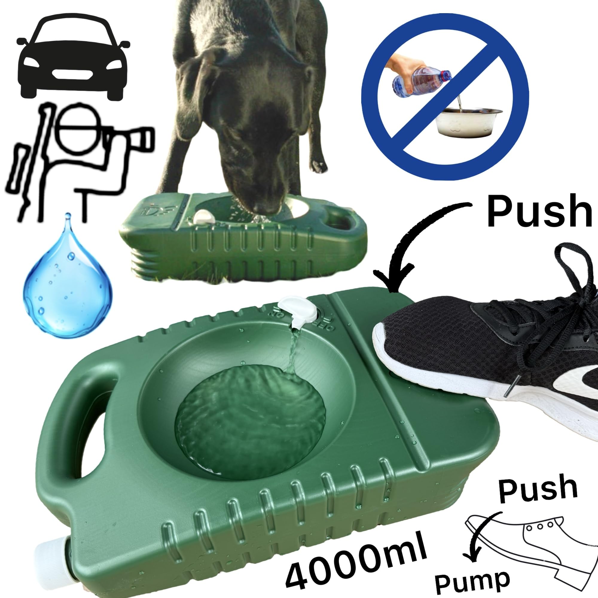 Gamelle de voyage pour chien - Bouteille d'eau pour chien 4 l - Gamelle portable avec poignée - Grand distributeur d'eau stable - Pompe à pied - Voiture - Voyage en plein air - Camping - Fournitures