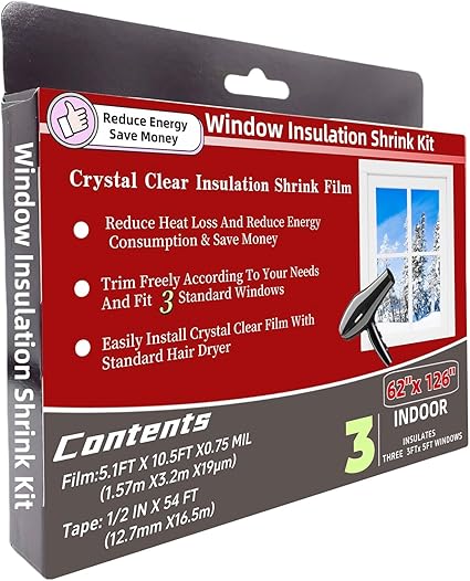 Fonsbleaudy 3-Window Shrink Film Window Insulation kit（62-Inch x 126 ...