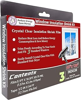 3-Window Shrink Film Window Insulation kit(62-Inch x 126-Inch),Insulating Film Window Kit Keeps Cold Air Out and Warm Air in (3 Windows)