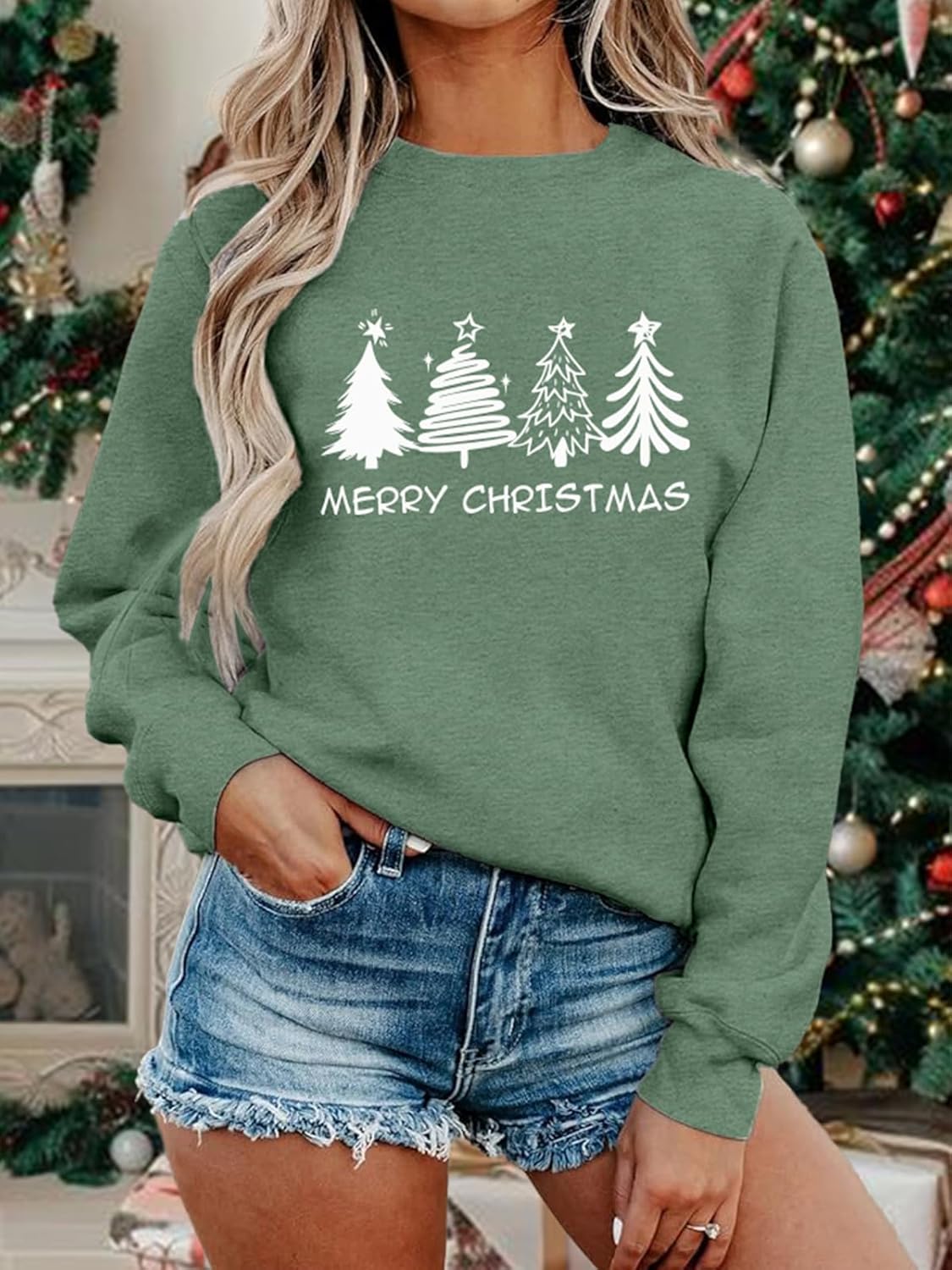 Womens Christmas Sweatshirt Christmas Tree Graphic Long Sleeve Shirts Xmas Holiday Pullover Tops Blouse - Image 3
