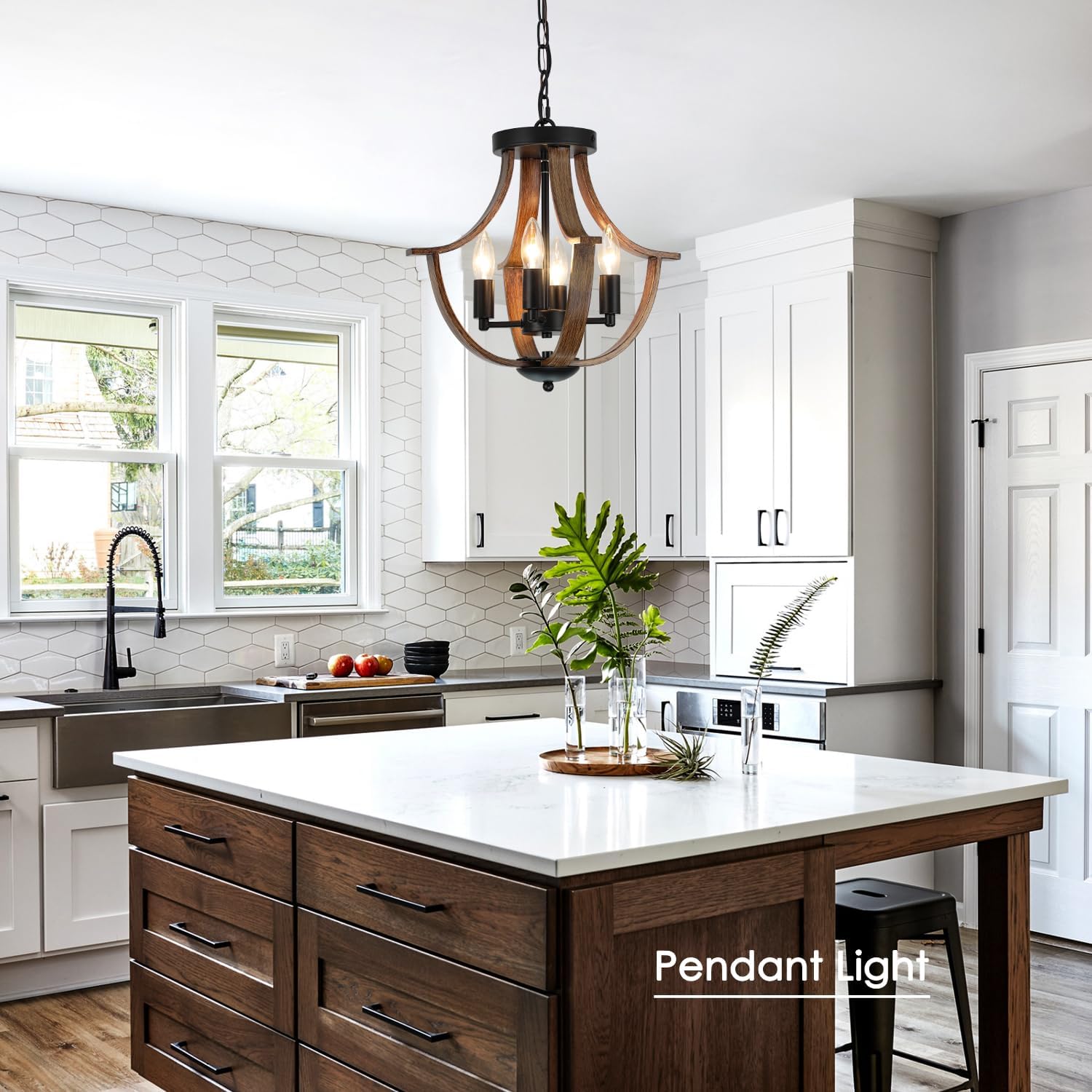 LAMPKEDUO Farmhouse Hanging Pendant Lighting, 4-Light Rustic Flush Mount Ceiling Light Fixture,Modern Faux Wood Vintage Chandelier for Dining Room Kitchen Island Foyer Hallway Entryway Bedroom, SIMILAR TO STOCK PHOTOS, NOT EXACT