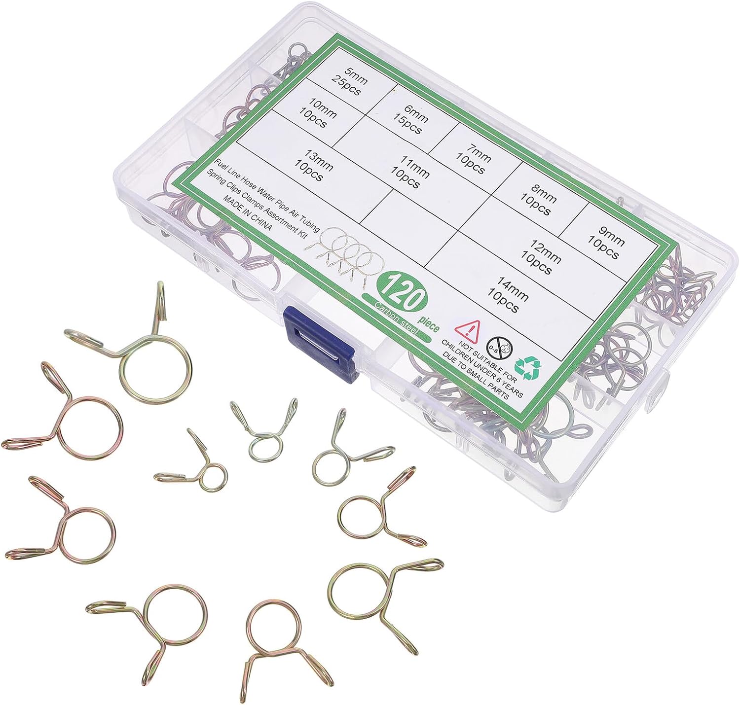 120pcs Heavy Duty Spring Hose Clamps Set, Small Tubing Clips Zinc-plated Steel for Water and Air Hose Fixing, Industrial Plumbing and Automotive Use