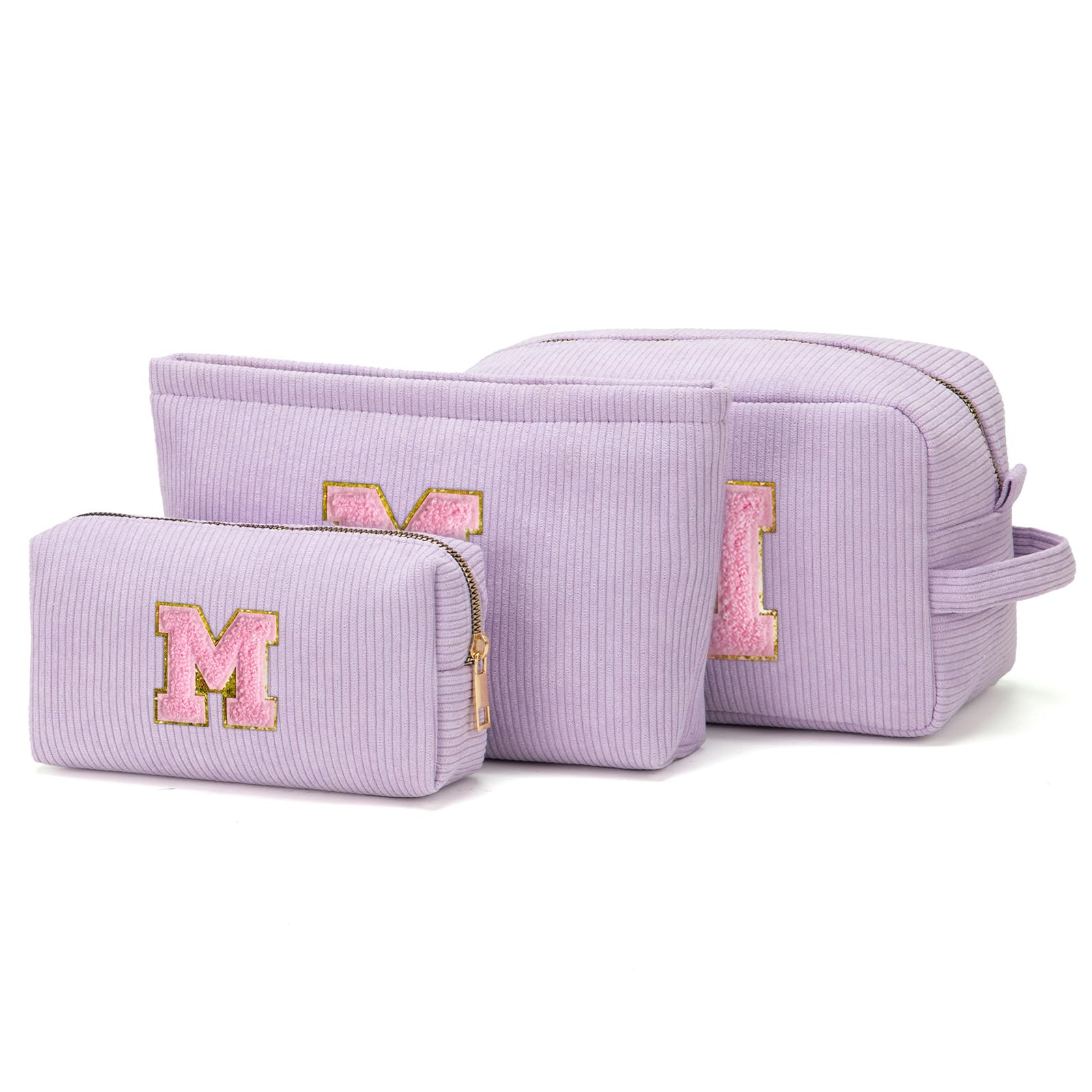 ViverteMakeup Bag Cosmetic Bag for Girls with Initial Letter Patch 3 Pieces Corduroy Travel Toiletry Make Up Brush Bag Pounch Organizer Preppy Things Cute Stuff Gifts for Teen Girls (Lavender M)