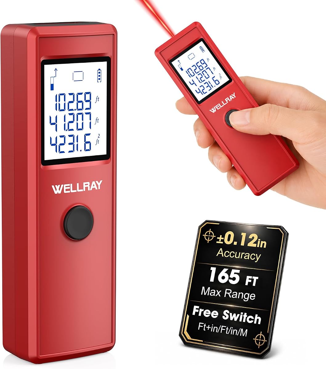 Laser Measuring Tool, 165FT/50M Laser Measure Tool with ±1/8" Accuracy, IP54 Laser Distance Meters with Ft+in/FT/in/M for Area/Volume, Laser Measurement Tool for DIY Indoor, 2 AAA Batteries