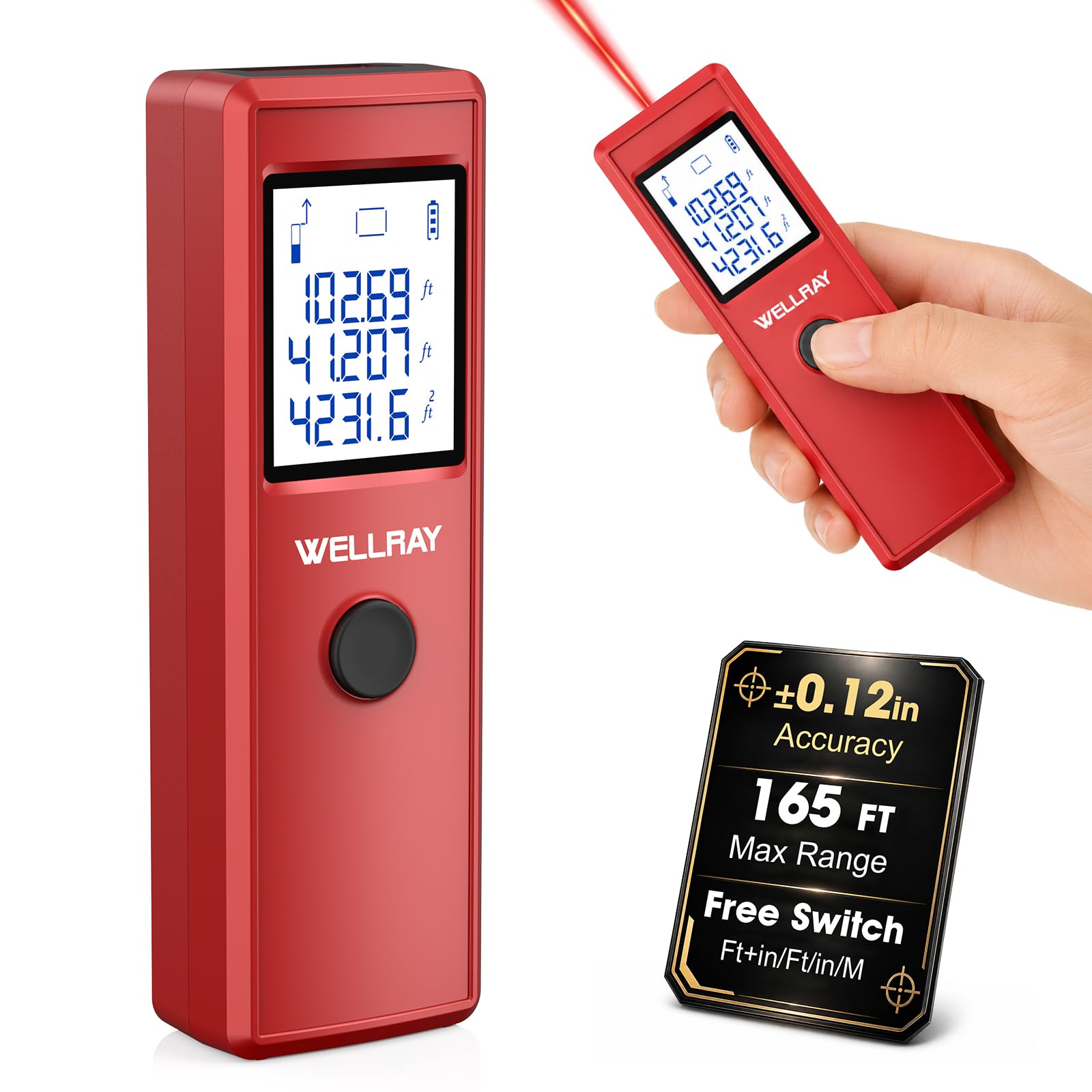 Laser Measuring Tool, 165FT/50M Laser Measure Tool with ±1/8" Accuracy, IP54 Laser Distance Meters with Ft+in/FT/in/M for Area/Volume, Laser Measurement Tool for DIY Indoor, 2 AAA Batteries