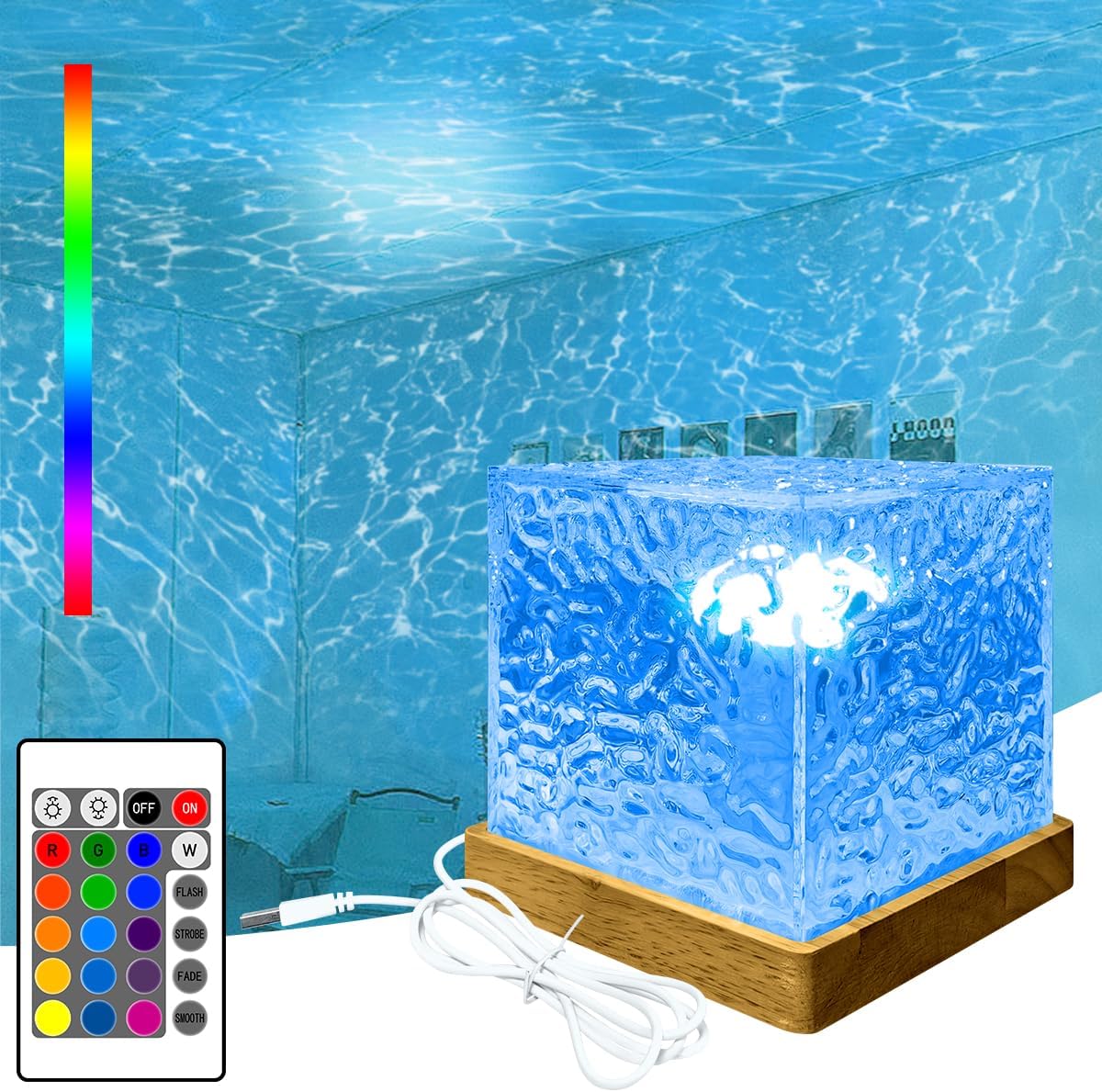 Ocean Wave Galaxy Projector, Night Light with 16 Colors Rotating Dynamic Wave Effects, Ice Cube Northern Lights Lamp with Remote Control for Bedroom
