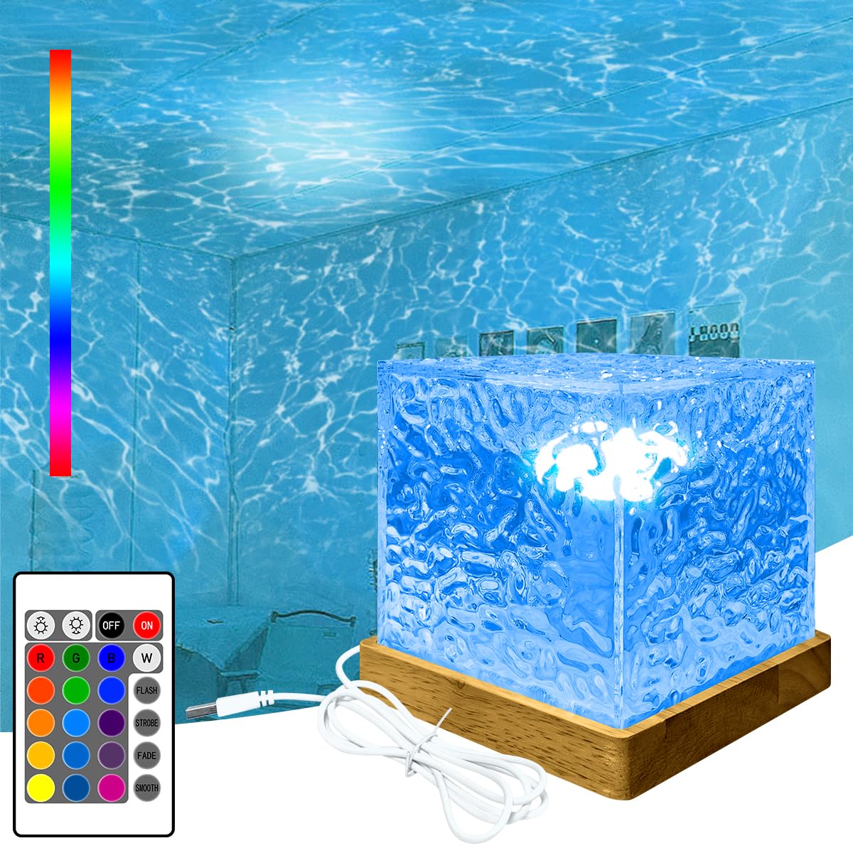 Ocean Wave Galaxy Projector, Night Light with 16 Colors Rotating Dynamic Wave Effects, Ice Cube Northern Lights Lamp with Remote Control for Bedroom