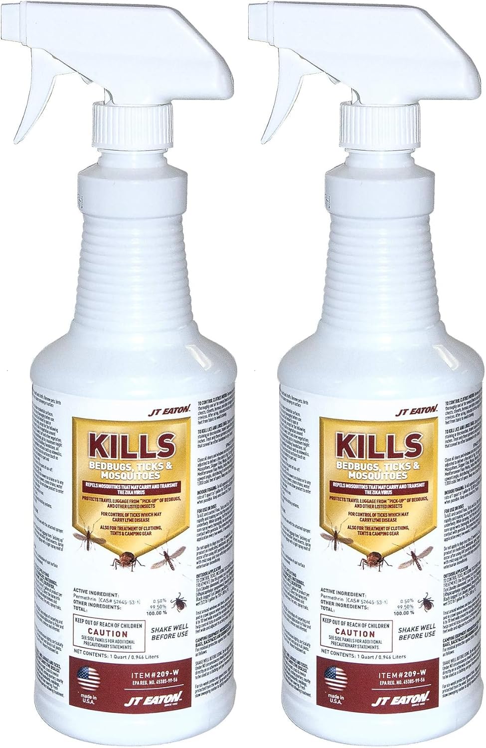 JT Eaton 209-W Kills Bedbugs, Ticks and Mosquitoes Water Based Spray with Sprayer, 1-Quart (Pack of 2)