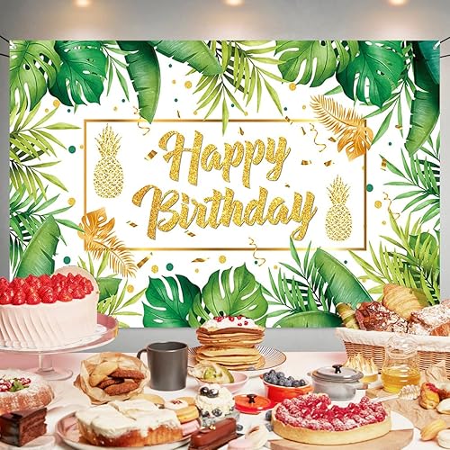 Miniatura 4 de Decoración de fiesta de cumpleaños de hojas de palma tropicales verdes, telón de fondo de fotos de feliz cumpleaños, póster para decoración de