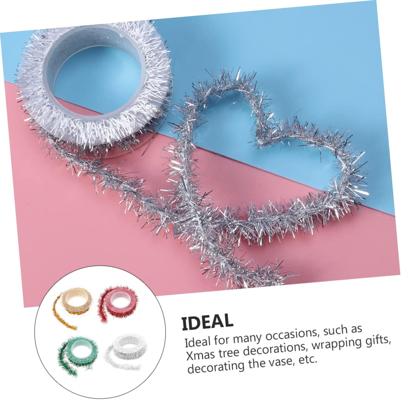IMIKEYA 4Pcs Christmas Metallic Tinsel Garland Each Party Decoration Ribbon for Indoor Outdoor Xmas Tree Gift Wrapping Holiday Supplies Gold Red Green Silver