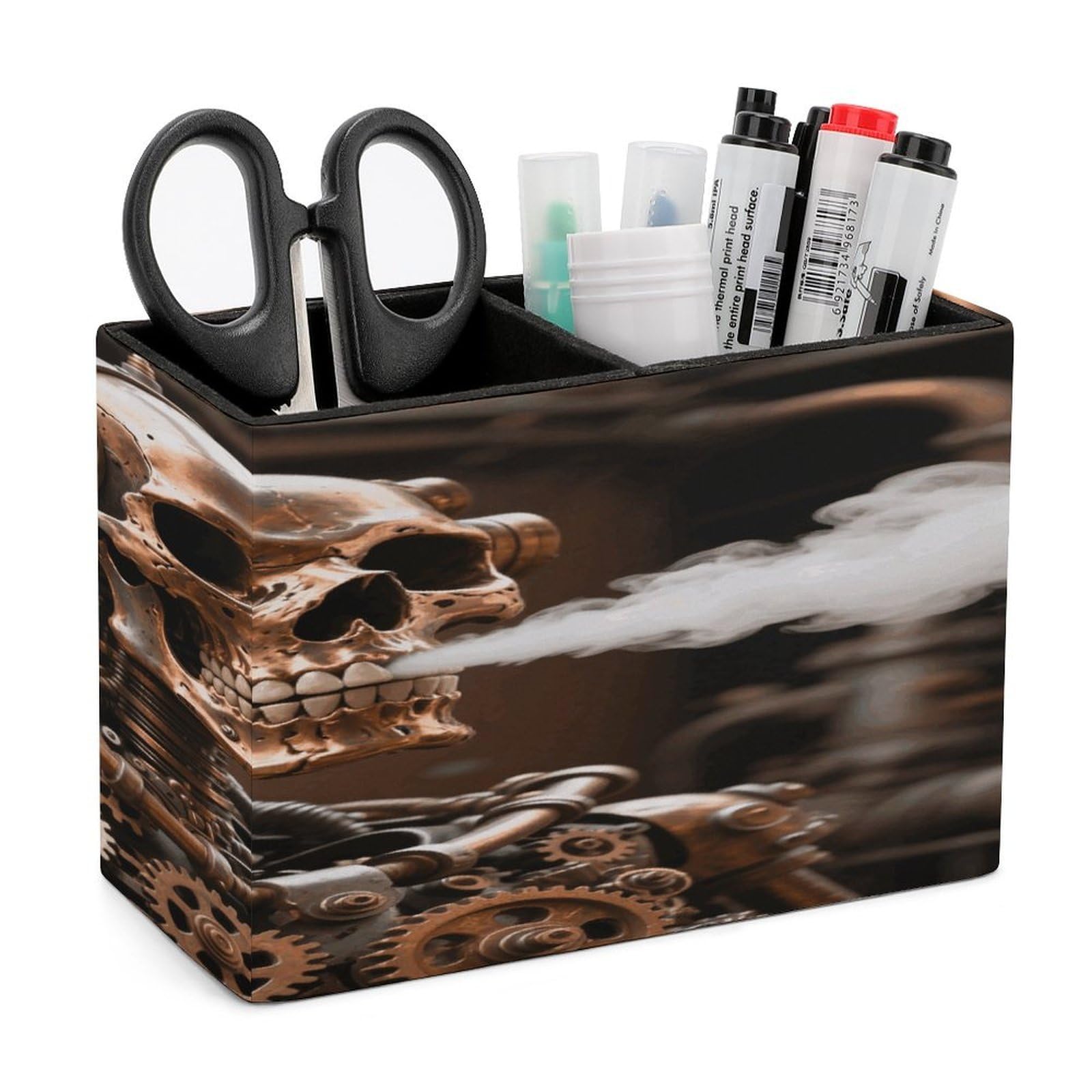 VstaDank Steam - Punk Metal Skull Pencil Holder for Desk Organizer 2 Compartments Pen Cup Leather Square Pen Holder Pencil Cup Stand Makeup Brush Holders for Desktop Organizer Storage Case