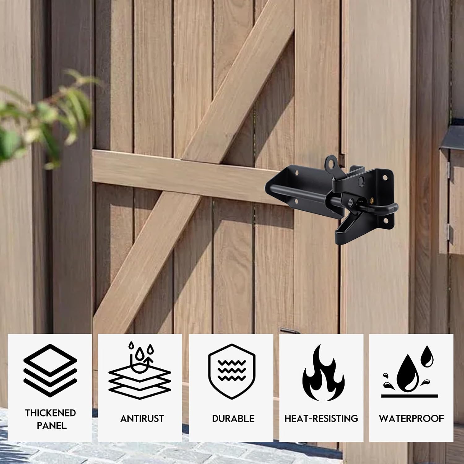 HOME MASTER HARDWARE Heavy Duty Automatic Gate Latch for Wooden Fence, 7-1/2" Black Self Locking Door Latches, Security Latches Hardware for Wood Gates, Vinyl Fence, Garden and Metal Gates