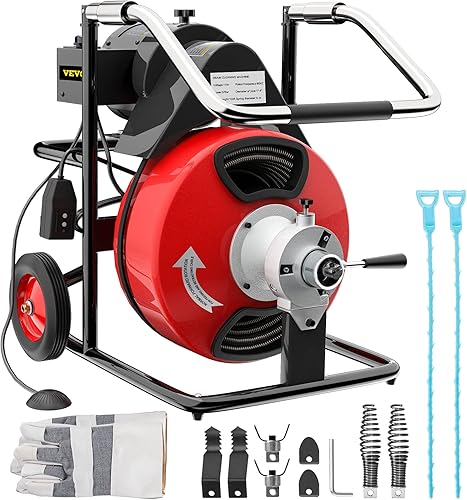 VEVOR Máquina limpiadora de drenaje de 100 pies x 38 pulgadas, máquina de limpieza de drenaje de alimentación automática se adapta a tubos de 1 a 4