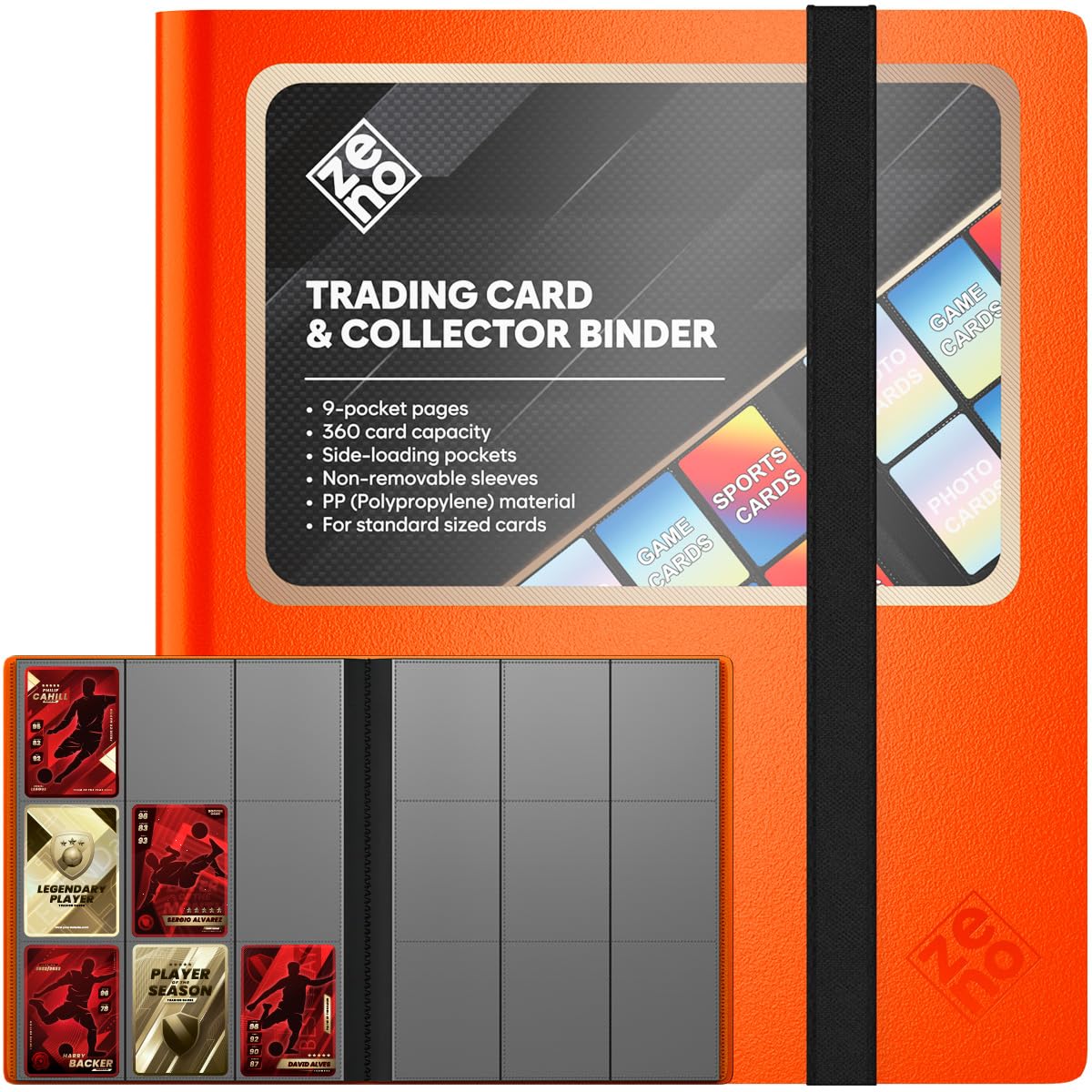 Sammelkarten Album 9 Pocket, Karten Sammelalbum mit 360 Karten Seitliche Taschen & nicht entfernbare Hüllen PP (Polypropylen) Sammelalbum Karten für Standardgröße Sammelkarten & Sportkarten - Orange
