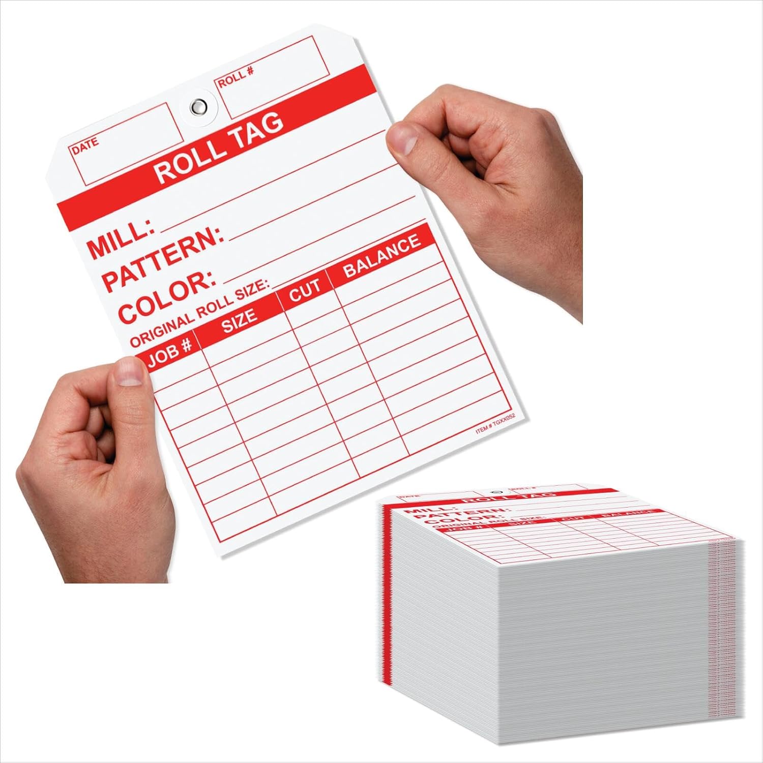 100 Carpet Roll Tags, Printed with Red Ink on White 10 Points, C1S, Tag Stock with Reinforced Strong Metal Eyelet. Size: 7" (Height) x 5 1/4" (Width).