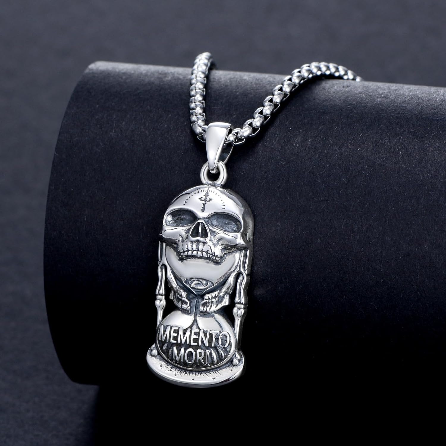 PELOVNY Memento Mori Necklace 925 Sterling Silver Skull Hourglass Necklace Stoic Skull Jewelry Stoicism Christmas Gifts for Men Women Unisex - Image 5