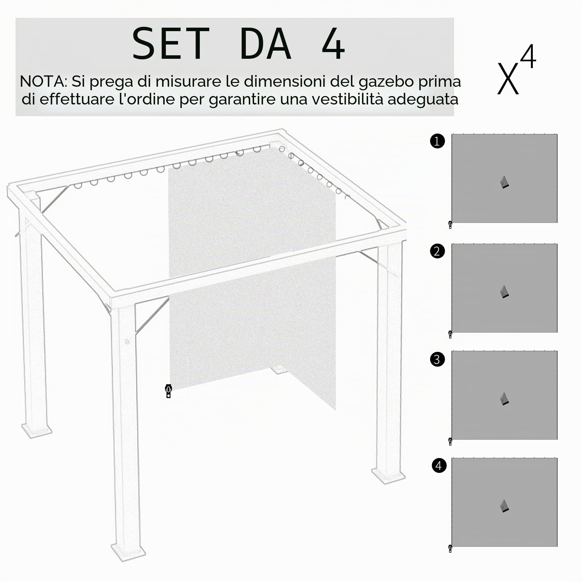 Outsunny 4 Pareti laterali per Gazebo 3x2 m Lati della tenda con ganci Tende senza finestra Sostituzione laterale per tende da giardino all'aperto Tende per feste Grigio chiaro