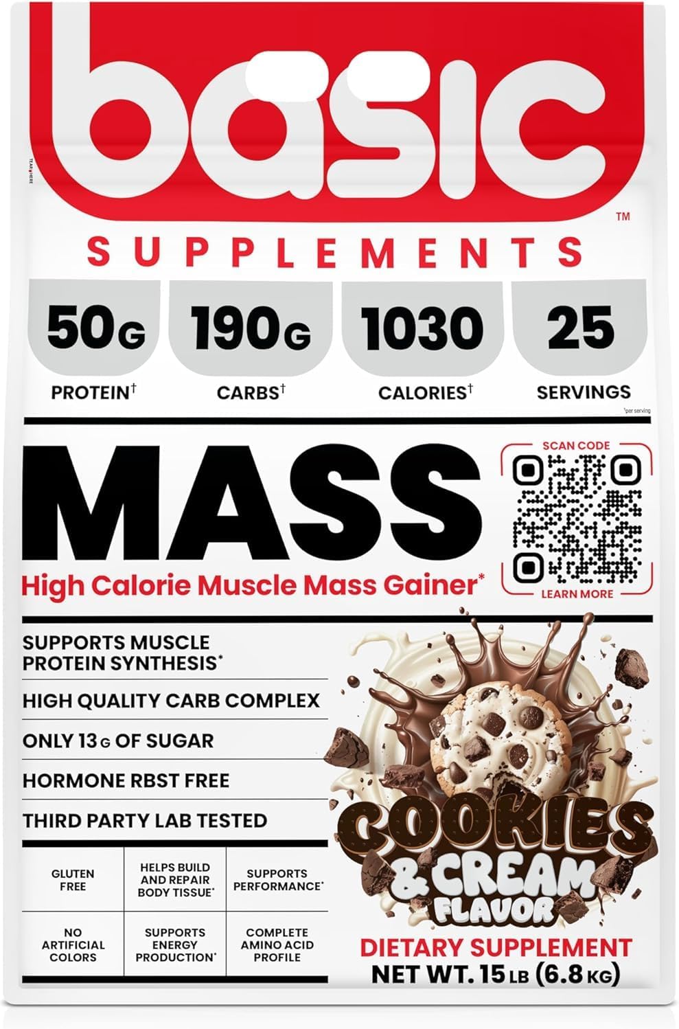 BASIC SUPPLEMENTS Mass Gainer Protein Powder, Supports Muscle Growth & Recovery, 50g Protein, 190g Carbs, 1030 Calories, Gluten-Free, RBST-Free, No Artificial Colors