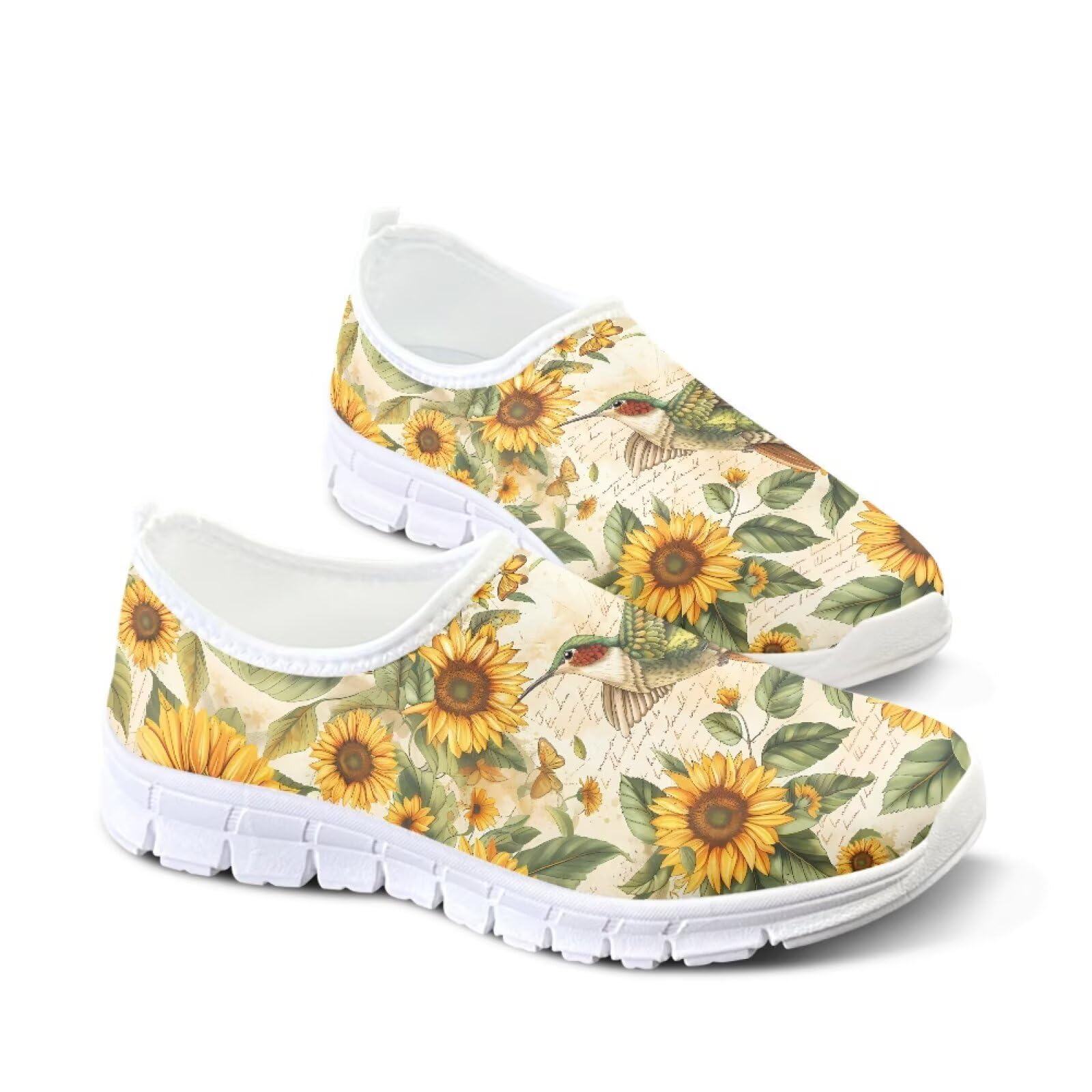JUDENTIDOS Sunflower Hummingbird Running Sneakers for Womens Slip on Flats Loafers Casual Outdoor Walking Shoes Lightweight Athletic Tennis Sport Shoes