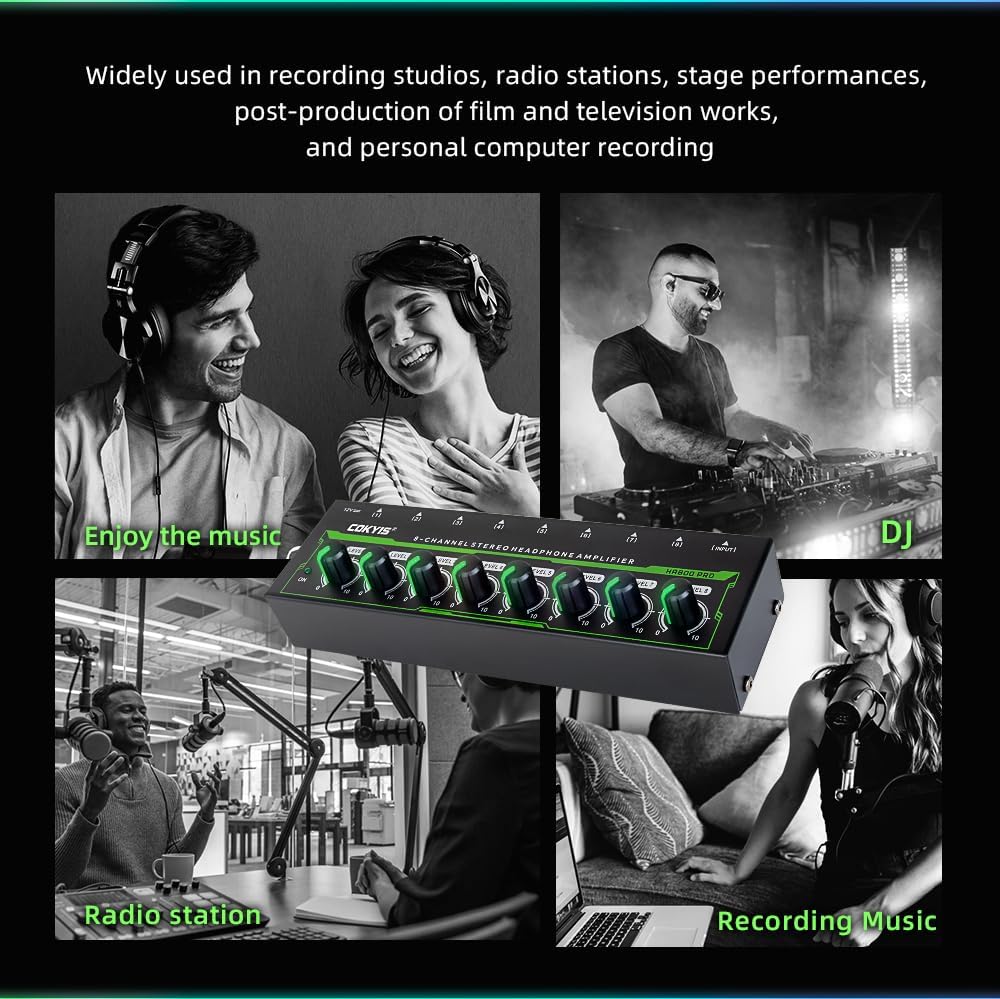 COKYIS Headphone Amplifier - RGB Ultra-Compact Audio Mini Amplifier 8 Channel Headphone Amplifier Suitable for Sound Mixer with Power Upgraded, Metal, HA800 PRO