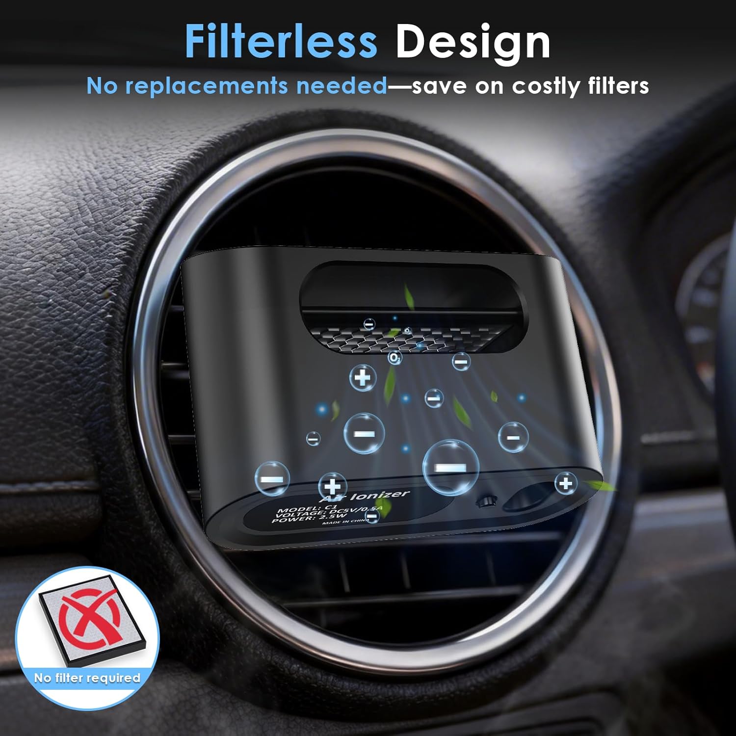 Bipolar Plasma Unscented Car Air Purifier: 100% Filter-Free Active Ionizer for Smoke & Pet Odors - Silent & Compact Car Odor Eliminator - Universal Vent Clip by Yakry