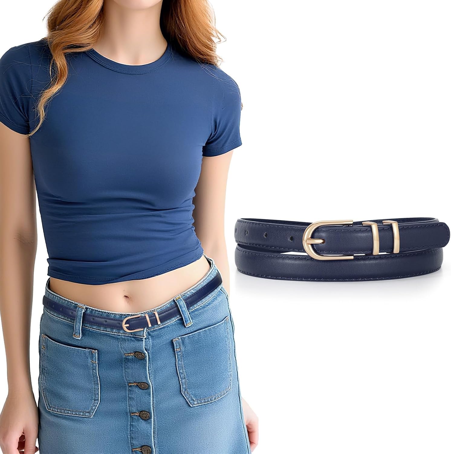 JASGOOD Womens Skinny Leather Belt Ladies Thin Faux Leather Belt with Gold/Silver Buckle for Jeans Dress Pants - Image 2