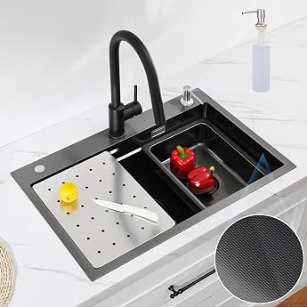 CECIPA Kitchen Sink Black Anthracite Stainless Steel 70 x 45 cm Kitchen Sink with Soap Dispenser and Siphon Sink Including Replacement Indoor Sink and Chopping Board Kitchen Sink for 80 cm and More