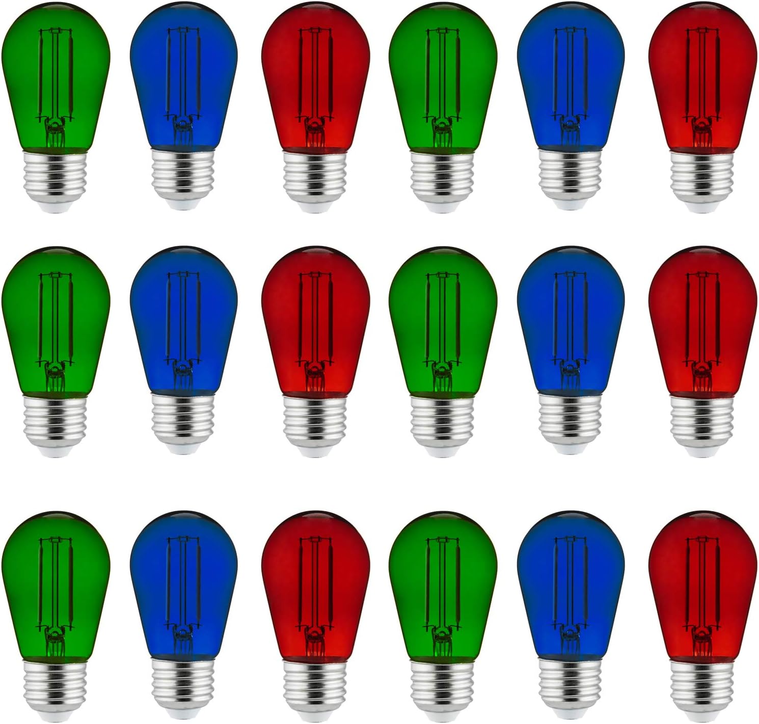 Sunlite 45169-SU Decorative Christmas Holiday LED Filament Style Light Bulbs, 2 Watt, Medium Base (E26), Dimmable, 15,000 Hour Life Span, UL Listed, 18 Pack Red, Green and Blue