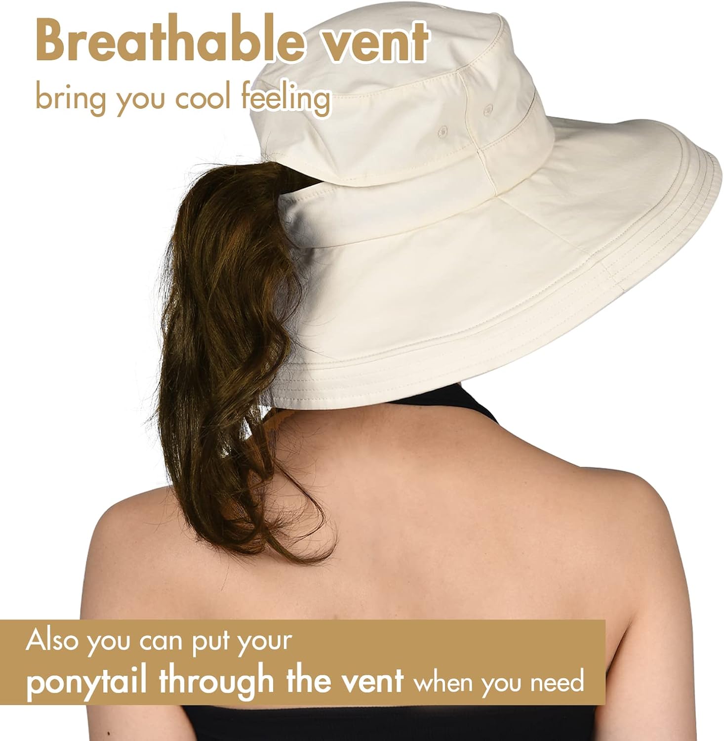 Sun Hats for Women Gardening Hat Wide Brim Ponytail Beach Sun Protection Breathable Cotton Summer Hat with Fold-Up Brim - Image 4