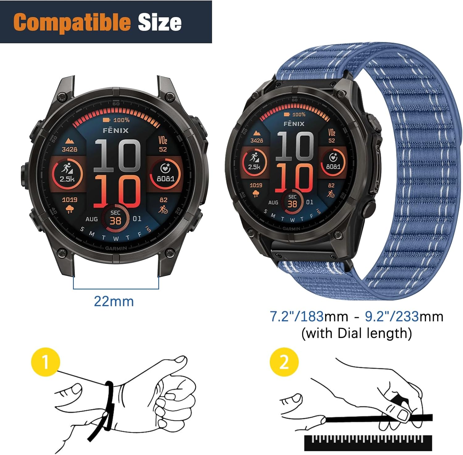 Nylon Watch Band for Garmin Quatix 8 47mm/Tactix 8 47mm/Descent G2/Fenix 8 Pro/Fenix 8 /Fenix E/Fenix 7/7 Pro, Forerunner 970/965, Wristband Replacement Strap for Garmin QuickFit 22 mm, Blue - Image 5