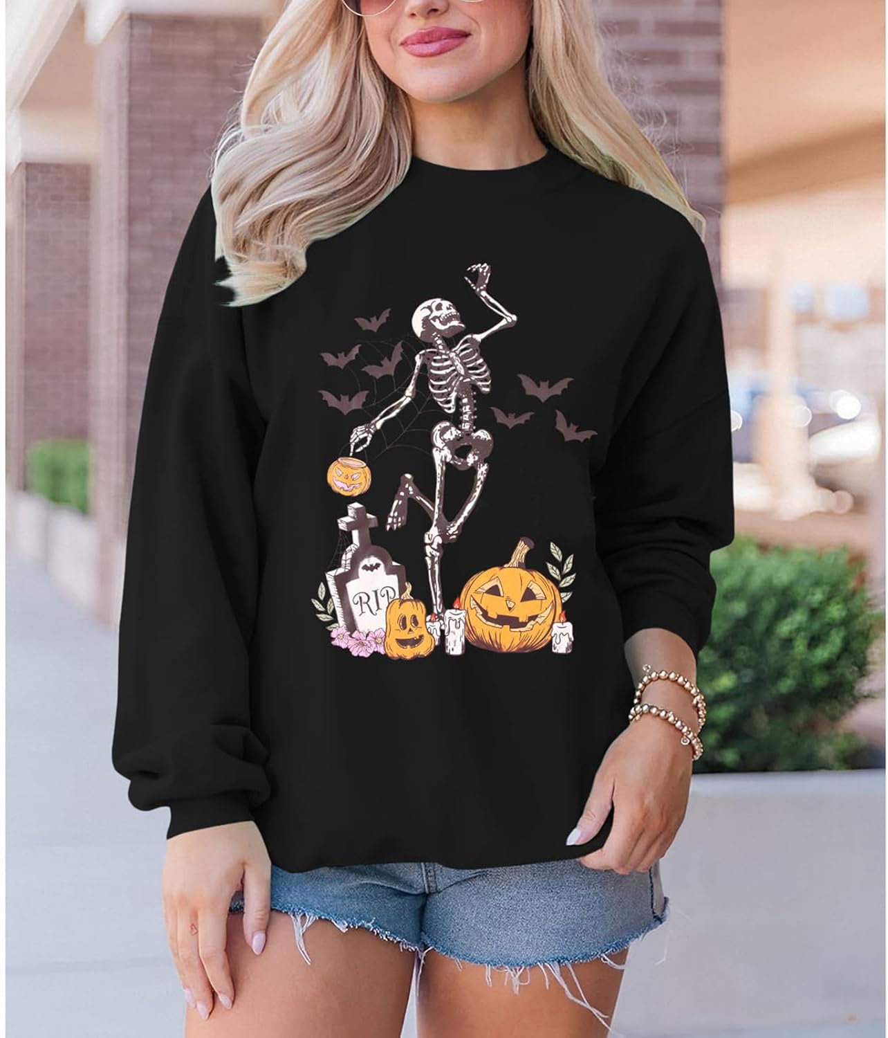 Womens Halloween Sweatshirts Dancing Skeleton Shirts Spooky Season Pumpkin Printed Pullover Oversized Tees Tops - Image 2